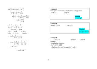 50
   
  
  
 
 
2
2
3 2
1
2 3
2
1 3 7
2 3
2 2
3 7
2
t
s L y L y L e
L y s
s
s
L y s
s s
s
L y
s

 
    
  


   
 



   
 
2 2
3 7
2
2 2
3 7 2
s A B
s
s s
s A s B

 

 
   
S=-2. 1 1
B B
  
s=0 7 2 3
A B A
   
 
 
2
3 1
2 2
L y
s s
  
 
 
1 1
2
2 2
3 1
3
2 2
3 t t
y L L
s s
y e te
 
 
 
 
    
 

  
 
 
 
  2
3 t
y t e
  
Example 3
Use Laplace transform to solve the initial value problem
 
3 12 0 6
y y y
  
Solution
3
4 2 t
y e
 
Example 4
Solve  
4 1 0 3
y y y
   
Solution:
 
4
1
1 13
4
t
y e
 
Example 5
   
0 1 0 0
y y t y y
 
   
Solution
Using Laplace transform
     
L y L y L t
  
         
2 2
0 0
L y s L y s y y s L y s
 
    
 