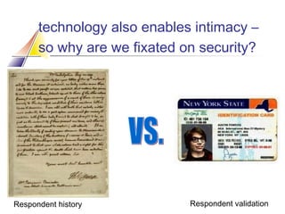 technology also enables intimacy –
so why are we fixated on security?

Respondent history

Respondent validation

 