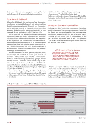 | SOCIAL MEDIA |




Gefahren und Chancen zu managen, gehört zu den größten Her-              ■ Multimedia: Foto- und Videosharing, Musicsharing
ausforderungen für die gesamte Marketingkommunikation.                   ■ Entertainment: Virtuelle Welten, Online-Spiele
                                                                         Die Grenzen zwischen den einzelnen Kategorien sind fließend. Die
                                                                         Nutzung der einzelnen Kanäle und deren Vernetzung schreitet mit
Social Media als Dachbegriff                                             hohem Tempo voran.
Obwohl Social Media seit 2009 das „Buzzword“ der Kommunika-
tionsbranche ist, hat sich bislang noch kein allgemeingültiges
Begriffsverständnis durchgesetzt. Ebenso wie Live Communica-             Nutzung von Social Media in Unternehmen
tion ist auch Social Media als ein Dachkonzept zu verstehen. Dies        Seit knapp zwei Jahren boomt Social Media auch in Deutschland.
kommt in der Definition des Branchenverbandes BVDW zum                   Vor allem die jüngere Generation, die sogenannten „Digital Nati-
Ausdruck, der hier gefolgt werden soll (BVDW 2009, S. 5):                ves“, die mit dem Internet aufgewachsen sind, nutzen das Social
   „Social Media sind eine Vielzahl von digitalen Medien und             Web intensiv. So sahen im Jahr 2009 laut Social Media Tracker
Technologien, die es den Nutzern ermöglichen, sich untereinan-           (Universal McCann 2009, S. 31) 74 % (zum Vergleich: 44 % in
der auszutauschen und mediale Inhalte einzeln oder in Gemein-            2007) der aktiven Internetuser Videos im Netz , 57 % lasen Blogs
schaft zu gestalten. Die Nutzer nehmen durch Kommentare,                 (15 % in 2007) und 47 % erstellten ein eigenes Profil in einem sozi-
Bewertungen und Empfehlungen aktiv auf die Inhalte Bezug und             alen Netzwerk (19 % in 2007).
bauen auf diese Weise eine soziale Beziehung untereinander auf.
Als Kommunikationsmittel setzt Social Media einzeln oder in
Kombination auf Text, Bild, Audio oder Video und kann plattform-
unabhängig verwendet werden.“                                                       » Viele Unternehmen streben
   In der Praxis findet sich ein breites Spektrum von Social-Media-              möglichst schnell ins Social Web,
Anwendungen, mit deren Hilfe die Nutzer eigene Inhalte (User
Generated Content) erstellen und in virtuellen Communities ver-                   ohne über eine passende Social-
breiten. Es würde den Umfang dieses Beitrages sprengen, diese im                 Media-Strategie zu verfügen. «
Detail zu erläutern. Daher sollen hier nur überblickartig die zent-
ralen Medien aufgeführt werden, die bereits heute für Unterneh-
men und Marken eine hohe Relevanz haben. Laut BVDW lassen
sich die Social-Media-Instrumente in die folgenden vier Gruppen             Uniplan Live Trends wollte nun wissen, inwieweit auch die
einteilen (BVDW 2009, S. 5).                                             Unternehmen Social Media entdeckt haben und in ihrer Kom-
■ Communication: Blogs, Microblogs, Social Networks, Podcasts,           munikationsstrategie berücksichtigen. Die Ergebnisse sind über-
   Newsgroups, Social-Network-Aggregatoren, Instant Messaging            raschend: Die Mehrzahl der befragten Unternehmen beabsich-
■ Collaboration: Wikis, Social-Bookmarking-Dienste, Social-              tigt in den nächsten 12 Monaten (d.h. im Jahr 2010) Social-
   News-Seiten                                                           Media-Anwendungen einzusetzen. Ebenso wie bei den Nutzern



Abb. 2 Bewertung von Live und Virtual Communication


     Top-3-Kriterien                                                                                            Überlegenheit Live Com
     Vertrauensaufbau                                                                                             71,8 %
     Multisensualität                                                                                             67,1 %
     Kundenbindung                                                                                                64,9 %


     Bottom-3-Kriterien                                 Überlegenheit Virtual Com
     Bildung von Communities                 81,2 %
     Reichweite                              79,2 %
     Kontaktkosten                           76,2 %
                   „Bei welchem der folgenden Kriterien ist die Live Communication der Virtual Communication überlegen?“
                                                             (Vorgabe 15 Kriterien)                                      Basis: nmax = 401



                                                                                                                                 Quelle: Uniplan


36                                                                                                      Marketing Review St. Gallen    2 | 2011
 