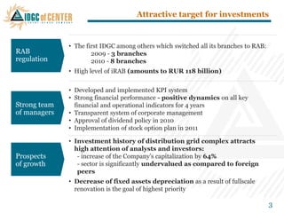 Attractive target for investments


              • The first IDGC among others which switched all its branches to RAB:
RAB                   2009 - 3 branches
regulation            2010 - 8 branches
              • High level of iRAB (amounts to RUR 118 billion)


              • Developed and implemented KPI system
              • Strong financial performance - positive dynamics on all key
Strong team     financial and operational indicators for 4 years
of managers   • Transparent system of corporate management
              • Approval of dividend policy in 2010
              • Implementation of stock option plan in 2011

              • Investment history of distribution grid complex attracts
                high attention of analysts and investors:
Prospects        - increase of the Company‘s capitalization by 64%
of growth        - sector is significantly undervalued as compared to foreign
                 peers
              • Decrease of fixed assets depreciation as a result of fullscale
                renovation is the goal of highest priority

                                                                                      3
 