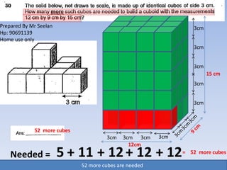 Prepared By Mr Seelan                                                           3cm
Hp: 90691139
Home use only
                                                                                3cm


                                                                                3cm
                                                                                      15 cm
                                                                                3cm


                                                                                3cm



             52 more cubes
                                            3cm    3cm 3cm         3cm
                                                     12cm
    Needed =            5 + 11 + 12 + 12 + 12                                = 52 more cubes

                   Mark out theFirstrd layer needsaddcubescubes each
                      Similarly,Mark out th layersneeds 12first the height
                              2nd3 and 5 need to required for
                                remaining layerare needed
                                4thlayer needdimensionscubes
                                52 more the to 12 11cubes
                                     layer cubes add 5
 