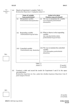 SULIT                                          6                                         4541/3


   For       (a)     Based on Experiment I, complete Table 2.1
Examiner’s           Berdasarkan Eksperimen I, lengkapkan Jadual 2.1
   Use

                               Name of variable                             Action to be taken
                               Nama pembolehubah                        Tindakan yang perlu diambil
                      (i)   Manipulated variable:               (i) The way to manipulate the variable:
                            Pembolehubah dimanipulasikan:           Cara mengubah pembolehubah
                                                                    dimanipulasi:
                            ………………………………
                                                                    ……………………….………………
                            ………………………………
                                                                    ……………………………………….

                      (ii) Responding variable:                 (ii) What to observe in the responding
                            Pembolehubah bergerak balas:             variable:
                                                                    Apa yang diperhatikan dalam
                            ………………………………                            pembolehubah bergerak balas:

                            ………………………………                            ……………………………………….

                                                                    ………………….……………………

                      (iii) Controlled variable:          (iii) The way to maintain the controlled
                            Pembolehubah yang dimalarkan:       variable:
                                                                    Cara menetapkan pembolehubah
                                                                    dimalarkan:
 2(a)
                            ………………………………
                                                                    ……….……………………………..
                            ………………………………
                                                                    …..…………………………………..

                                                     Table 2.1
                                                     Jadual 2.1                                  [3 marks]
                                                                                                 [3 markah]

             (b)     Construct a table and record the results for Experiment I and II in the space
                     provided below.
                     Berdasarkan eksperimen ini, bina jadual dan rekodkan keputusan Eksperimen I dan II
                     pada ruangan di bawah.




  2(b)


                                                                                                   [3 marks]
                                                                                                   [3 markah]


  4541/3© 2009 Hak Cipta MARA                                                                    [Lihat sebelah
                                                                                                         SULIT
 
