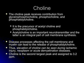 CholineCholine
 The choline peak receives contribution fromThe choline peak receives contribution from
glycerophosphocholine, phosphocholine, andglycerophosphocholine, phosphocholine, and
phosphatidylcholine.phosphatidylcholine.
 It is the precursor of acetyl choline andIt is the precursor of acetyl choline and
phosphatidylcholine.phosphatidylcholine.
 Acetylcholine is an important neurotransmitter and theAcetylcholine is an important neurotransmitter and the
latter is an integral part of cell membrane synthesis.latter is an integral part of cell membrane synthesis.
 Disease processes affecting the cell membrane andDisease processes affecting the cell membrane and
myelin can lead to the release of phosphatidylcholine.myelin can lead to the release of phosphatidylcholine.
 Thus,Thus, elevation of choline can be seen duringelevation of choline can be seen during ischemicischemic
injury, neoplasm or acute demyelination diseases.injury, neoplasm or acute demyelination diseases.
 Choline is the second largest peak and assigned to 3.2Choline is the second largest peak and assigned to 3.2
ppm.ppm.
 