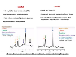 Short TE
•< 35 ms/ higher signal to noise ratio (SNR)
•Spectrum with more metabolites peaks
•Peaks include myoinositol/glutamine-glutamate
•Peak overlap much more common
Long TE
•135-145 ms/ Worse SNR
•More simple spectra d/t suppression of some signals
•Peak of lactate inverted below the baseline- this is
important b/c peaks of lactate & lipid overlap
More no. of sharps resonance with short TE & Inverted lactate peak (doublet) with long TE acquisition
 