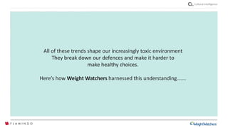 Cultural intelligence
All of these trends shape our increasingly toxic environment
They break down our defences and make it harder to
make healthy choices.
Here’s how Weight Watchers harnessed this understanding…….
 
