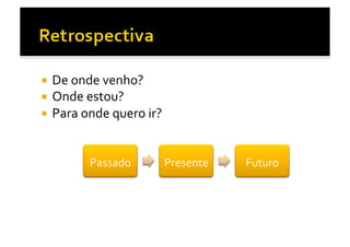   De	
  onde	
  venho?	
  
  Onde	
  estou?	
  	
  
  Para	
  onde	
  quero	
  ir?	
  



             Passado	
            Presente	
     Futuro	
  
 