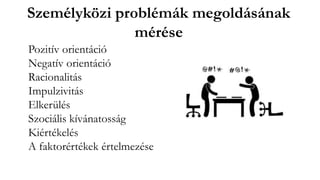 Személyközi problémák megoldásának
mérése
Pozitív orientáció
Negatív orientáció
Racionalitás
Impulzivitás
Elkerülés
Szociális kívánatosság
Kiértékelés
A faktorértékek értelmezése
 