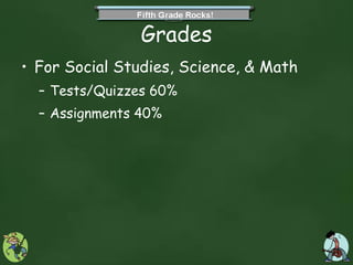 Grades For Social Studies, Science, & Math Tests/Quizzes 60% Assignments 40% 