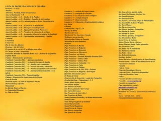 LISTA DE PRESENTACIONES EN ESPAÑOL
Revisado 1-11-2022
Abuelos
Adviento y Navidad, tiempo de esperanza
Amor y Matrimonio 1 - 9
Amoris Laetitia – ch 1 – A la luz de la Palabre
Amoris Laetitia – ch 2 – Realidad y Desafíos de las Familias
Amoris Laetitia – ch 3 La mirada puesta en Jesús: Vocación de la
Familia
Amoris Laetitia – ch 4 - El Amor en el Matrimonio
Amoris Laetitia – ch 5 – Amor que se vuelve fecundo
Amoris Laetitia – ch 6 – Algunas Perspectivas Pastorales
Amoris Laetitia – ch 7 – Fortalecer la educacion de los hijos
Amoris Laetitia – ch 8 – Acompañar, discernir e integrar la fragilidad
Amoris Laetitia – ch 9 – Espiritualidad Matrimonial y Familiar
Carnaval
Conciencia
Cristo Vive
Dia de todos los difuntos
Domingo – día del Señor
El camino de la cruz de JC en dibujos para niños
El Cuerpo, el culto – (eucarisía)
Encuentro Mundial de Familias Roma 2022 – festival de las familias
Espíritu Santo
Fatima – Historia de las apariciones
Familiaris Consortio (FC) 1 – iglesia y familia hoy
Familiaris Consortio (FC) 2 - el plan de Dios para la familia
Familiaris Consortio (FC) 3 – 1 – familia como comunidad
Familiaris Consortio (FC) 3 – 2 – servicio a la vida y educación
Familiaris Consortio (FC) 3 – 3 – misión de la familia en la sociedad
Familiaris Consortio (FC) 3 – 4 - participación de la familia en la
iglesia
Familiaris Consortio (FC) 4 Pastoral familiar
Fátima – Historia de las Apariciones de la Virgen
Feria de Sevilla
Haurietis aquas – el culto al Sagrado Corazón
Hermandades y cofradías
Hispanidad
La Iglesia, Madre y Maestra
La Comunidad Humana
La Vida en Cristo
San José, obrero, marido, padre
San Juan Ma Vianney, Curé de’Ars
San Juan Crisostom
San Juan de la Cruz
San Juan N. Neumann, obispo de Philadelphia
San Juan Pablo II, Karol Wojtyla
San Leon Magno
San Lucas, evangelista
San Mateo, Apóstol y Evangelista
San Martin de Porres
San Martin de Tours
San Mateo, Apostol y Evangelista
San Maximiliano Kolbe
Santa Teresa de Calcuta
Santos Marta, Maria, y Lazaro
Santos Simon y Judaa Tadeo, aposttoles
San Nazario e Celso
San Padre Pio de Pietralcina
San Patricio e Irlanda
San Pedro Claver
San Roberto Belarmino
Santiago Apóstol
Santos Zacarias e Isabel, padres de Juan Bautista
Semana santa – Vistas de las últimas horas de JC
Vacaciones Cristianas
Valentín
Vida en Cristo
Virgen de Guadalupe, Mexico
Virgen de Pilar – fiesta de la hispanidad
Virgen de Sheshan, China
Virtud
Vocación a la bienaventuranza
Vocación – www.vocación.org
Vocación a evangelizar
Para comentarios – email –
mflynn@lcegionaries.org
fb – martin m. flynn
Donations to - BANCO - 03069 INTESA SANPAOLO
SPA
Name – EUR-CA-ASTI. IBAN –
IT61Q0306909606100000139493
Laudato si 1 – cuidado del hogar común
Laudato si 2 – evangelio de creación
Laudato si 3 – La raíz de la crisis ecológica
Laudato si 4 – ecología integral
Laudato si 5 – líneas de acción
Laudato si 6 – Educación y Espiritualidad Ecológica
Ley Moral
Libertad
Lumen Fidei – cap 1,2,3,4
María y la Biblia
Martires de Corea
Martires de Nor America y Canada
Medjugore peregrinación
Misericordiae Vultus en Español
Moralidad de actos humanos
Pasiones
Papa Francisco en Baréin
Papa Francisco en Bulgaria
Papa Francisco en Rumania
Papa Francisco en Marruecos
Papa Francisco en México
Papa Francisco – Jornada Mundial Juventud 2016
Papa Francisco – visita a Chile
Papa Francisco – visita a Perú
Papa Francisco en Colombia 1 + 2
Papa Francisco en Cuba
Papa Francisco en Fátima
Papa Francisco en la JMJ 2016 – Polonia
Papa Francisco en Hugaría e Eslovaquia
Queridas Amazoznia 1,2,3,4
El Reino de Cristo
Resurrección de Jesucristo – según los Evangelios
Revolución Rusa y Comunismo 1, 2, 3
Santa Agata, virgen y martir
San Alberto Magno
San Antonio de Padua
San Bruno, fundador del Cartujo
San Carlos Borromeo
San Francisco de Asis 1,2,3,4
San Francisco de Sales
Santa Faustina Kowalska, y la divina misericordia
Santa Cecilia
Saint Margaret,Queen of Scotland
Santa Maria Goretti
Santa María Magdalena
Santa Teresa de Lisieux
San Marco, evangelista
San Ignacio de Loyola
 