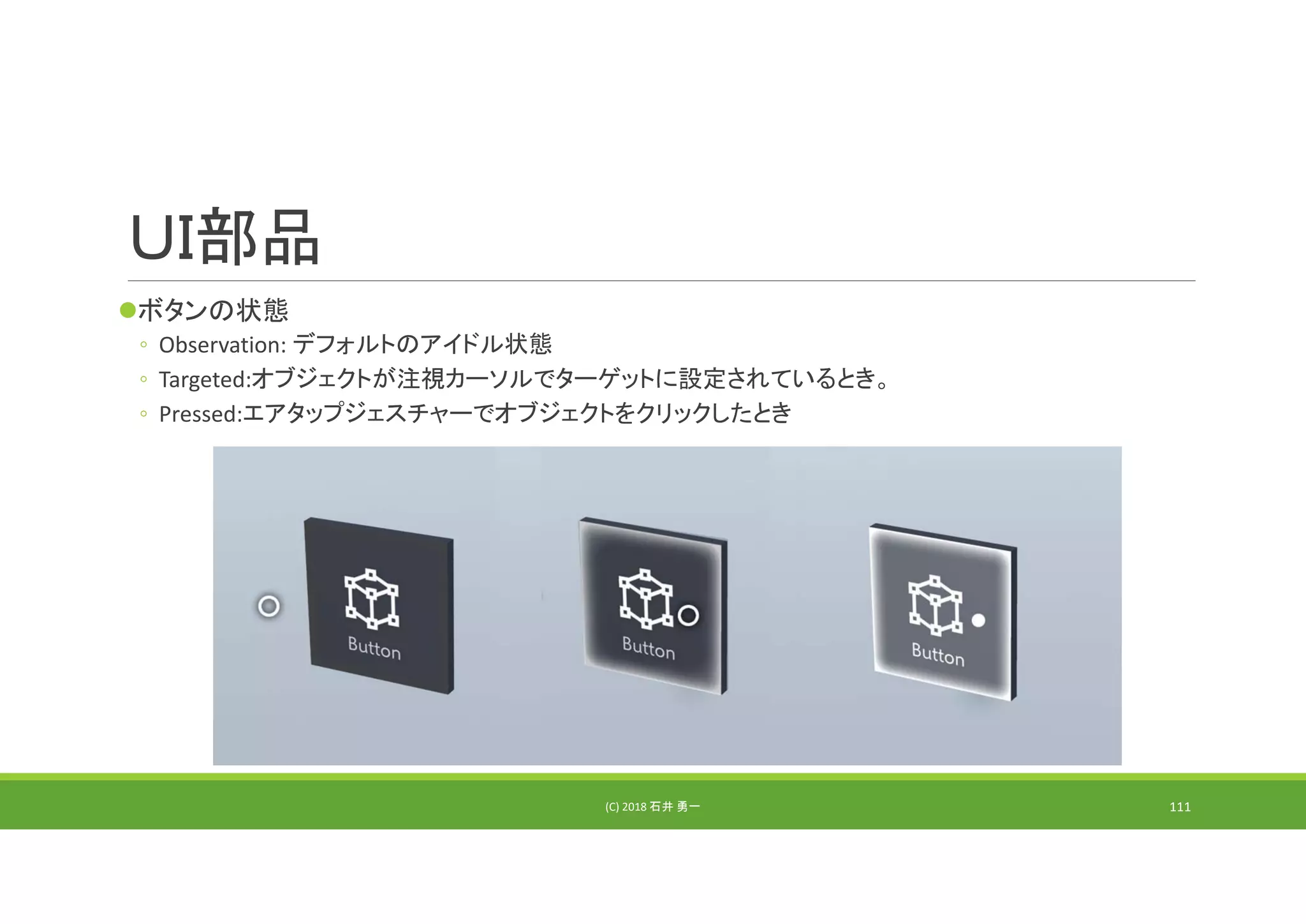 ＵＩ部品
ボタンの状態
◦ Observation: デフォルトのアイドル状態
◦ Targeted:オブジェクトが注視カーソルでターゲットに設定されているとき。
◦ Pressed:エアタップジェスチャーでオブジェクトをクリックしたとき
(C) 2018 石井 勇一 111
 