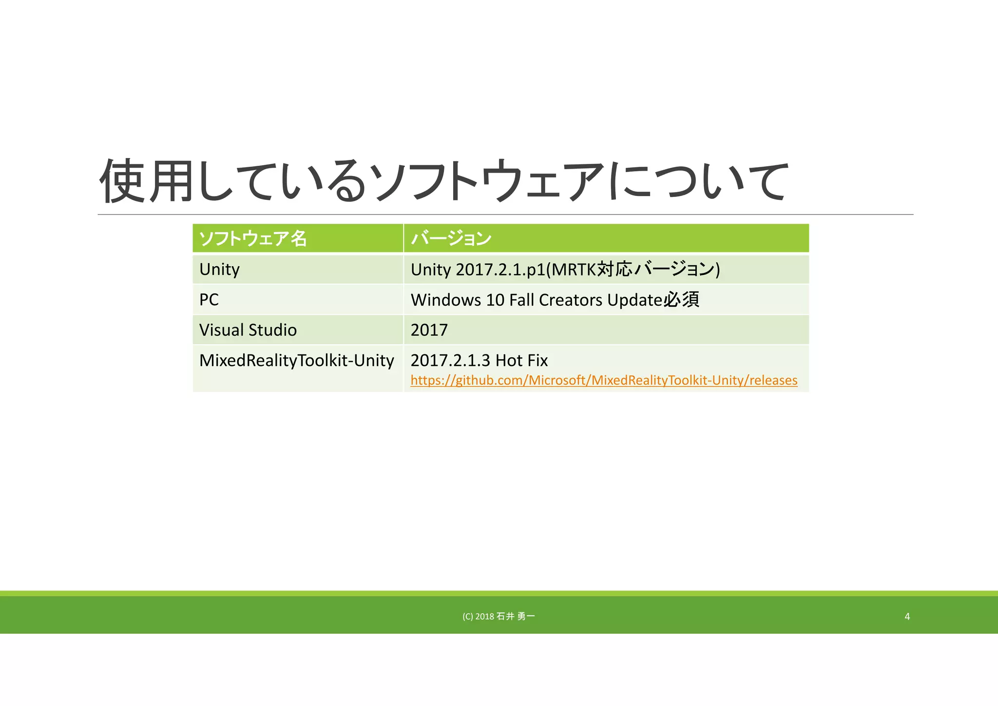 使用しているソフトウェアについて
ソフトウェア名 バージョン
Unity Unity 2017.2.1.p1(MRTK対応バージョン)
PC Windows 10 Fall Creators Update必須
Visual Studio 2017
MixedRealityToolkit‐Unity 2017.2.1.3 Hot Fix
https://github.com/Microsoft/MixedRealityToolkit‐Unity/releases
(C) 2018 石井 勇一 4
 