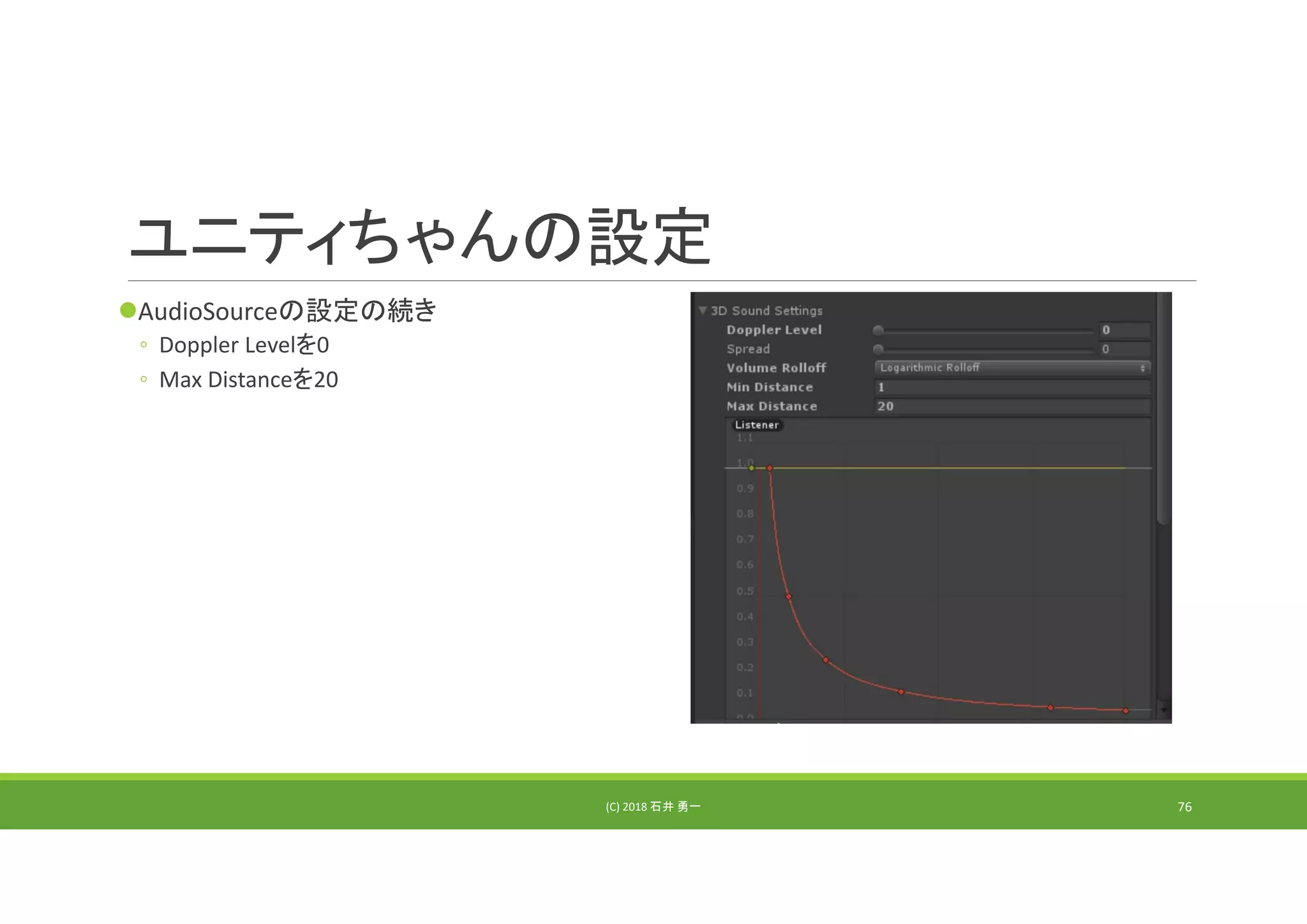ユニティちゃんの設定
AudioSourceの設定の続き
◦ Doppler Levelを0
◦ Max Distanceを20
(C) 2018 石井 勇一 76
 