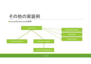 その他の実装例
ExampleのUX/Scriptsを参照
(C) 2018 石井 勇一 125
Interactive
IInputClickHandler
IFocusable
IInputHandler
InteractiveButton InteractiveToggle
InteractiveToggleButton
 