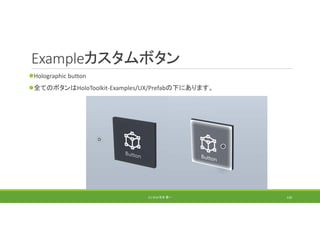 Exampleカスタムボタン
Holographic button
全てのボタンはHoloToolkit‐Examples/UX/Prefabの下にあります。
(C) 2018 石井 勇一 126
 