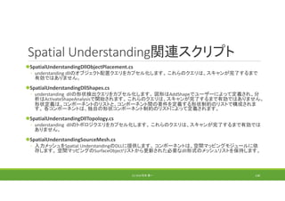 Spatial Understanding関連スクリプト
SpatialUnderstandingDllObjectPlacement.cs
◦ understanding dllのオブジェクト配置クエリをカプセル化します。 これらのクエリは、スキャンが完了するまで
有効ではありません。
SpatialUnderstandingDllShapes.cs
◦ understanding  dllの形状検出クエリをカプセル化します。 図形はAddShapeでユーザーによって定義され、分
析はActivateShapeAnalysisで開始されます。 これらのクエリは、スキャンが完了するまで有効ではありません。
形状定義は、コンポーネントのリストと、コンポーネント間の要件を定義する形状制約のリストで構成されま
す。 各コンポーネントは、独自の形状コンポーネント制約のリストによって定義されます。
SpatialUnderstandingDllTopology.cs
◦ understanding  dllのトポロジクエリをカプセル化します。 これらのクエリは、スキャンが完了するまで有効では
ありません。
SpatialUnderstandingSourceMesh.cs
◦ 入力メッシュをSpatial UnderstandingのDLLに提供します。 コンポーネントは、空間マッピングモジュールに依
存します。 空間マッピングのSurfaceObjectリストから更新された必要なdll形式のメッシュリストを保持します。
(C) 2018 石井 勇一 138
 