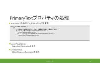 PrimaryTextプロパティの処理
ScanStateに合わせてメインメッセージを変更
SpaceVisualizer.cs
◦ SpaceQueryDescriptionを使用
LevelSolver.cs
◦ ObjectPlacementDescriptionを使用
(C) 2018 石井 勇一 150
public string PrimaryText {
get {
// 空間および物の配置のリストに対する検索結果を表示（優先度があります）
if (!string.IsNullOrEmpty(SpaceQueryDescription)) {
return SpaceQueryDescription;
} else if (!string.IsNullOrEmpty(ObjectPlacementDescription)) {
return ObjectPlacementDescription;
}
:
:
 