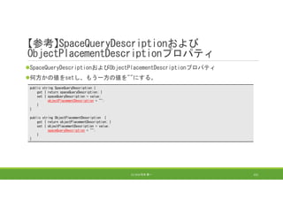 【参考】SpaceQueryDescriptionおよび
ObjectPlacementDescriptionプロパティ
SpaceQueryDescriptionおよびObjectPlacementDescriptionプロパティ
何方かの値をsetし、もう一方の値を""にする。
(C) 2018 石井 勇一 151
public string SpaceQueryDescription {
get { return spaceQueryDescription; }
set { spaceQueryDescription = value;
objectPlacementDescription = "";
}
}
public string ObjectPlacementDescription {
get { return objectPlacementDescription; }
set { objectPlacementDescription = value;
spaceQueryDescription = "";
}
}
 