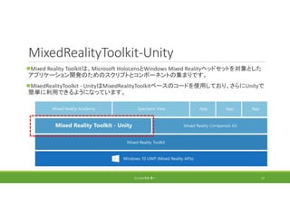 MixedRealityToolkit‐Unity
Mixed Reality Toolkitは、Microsoft HoloLensとWindows Mixed Realityヘッドセットを対象とした
アプリケーション開発のためのスクリプトとコンポーネントの集まりです。
MixedRealityToolkit ‐ UnityはMixedRealityToolkitベースのコードを使用しており、さらにUnityで
簡単に利用できるようになっています。
(C) 2018 石井 勇一 17
 