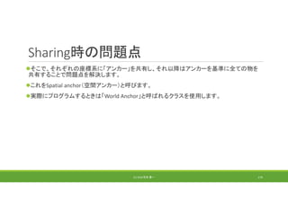 Sharing時の問題点
そこで、それぞれの座標系に「アンカー」を共有し、それ以降はアンカーを基準に全ての物を
共有することで問題点を解決します。
これをSpatial anchor（空間アンカー）と呼びます。
実際にプログラムするときは「World Anchor」と呼ばれるクラスを使用します。
(C) 2018 石井 勇一 174
 