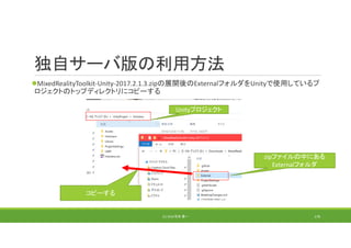 独自サーバ版の利用方法
MixedRealityToolkit‐Unity‐2017.2.1.3.zipの展開後のExternalフォルダをUnityで使用しているプ
ロジェクトのトップディレクトリにコピーする
(C) 2018 石井 勇一 178
Unityプロジェクト
zipファイルの中にある
Externalフォルダ
コピーする
 