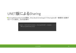 UNET版によるSharing
SharingWithUnetExampleを開き、[File]‐[Build & Settings]にてSharingTestを一番最初に起動す
るシーンに設定し、[Build]を実行
(C) 2018 石井 勇一 186
 