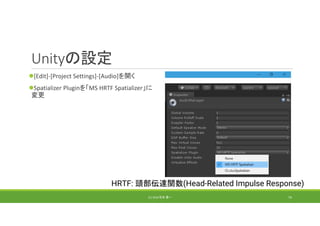 Unityの設定
[Edit]‐[Project Settings]‐[Audio]を開く
Spatializer Pluginを「MS HRTF Spatializer」に
変更
(C) 2018 石井 勇一 74
HRTF: 頭部伝達関数(Head-Related Impulse Response)
 
