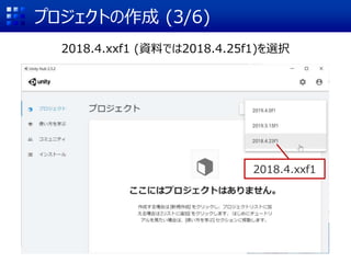 プロジェクトの作成 (3/6)
2018.4.xxf1 (資料では2018.4.25f1)を選択
2018.4.xxf1
 