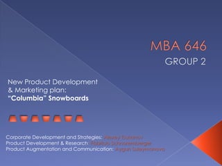 New Product Development
& Marketing plan:
“Columbia” Snowboards




Corporate Development and Strategies: Alexey Tsukanov
Product Development & Research: Fabricio Schnoremberger
Product Augmentation and Communication: Aygun Suleymanova
 