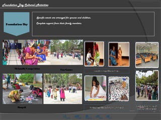 HMG CV Video
 Specific events are arranged for spouses and children.
Complete support from their family members.Foundation Day
Foundation Day Cultural Activities
Fun GamesMehandhi Competition
Rangoli
 