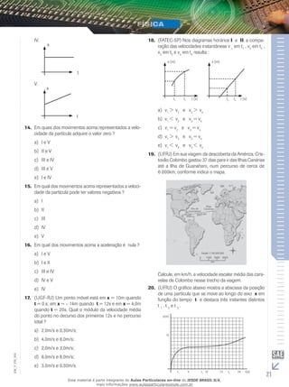IV. 
x 
t 
V. 
x 
t 
14. Em quais dos movimentos acima representados a velo-cidade 
da partícula adquire o valor zero ? 
a) I e V 
b) II e V 
c) III e IV 
d) III e V 
e) I e IV 
15. Em qual dos movimentos acima representados a veloci-dade 
da partícula pode ter valores negativos ? 
a) I 
b) II 
c) III 
d) IV 
e) V 
16. Em qual dos movimentos acima a aceleração é nula ? 
a) I e V 
b) I e II 
c) III e IV 
d) IV e V 
e) IV 
17. (UGF-RJ) Um ponto móvel está em x = 10m quando 
t = 0 s; em x = – 14m quando t = 12s e em x = 4,0m 
quando t = 20s. Qual o módulo da velocidade média 
do ponto no decurso dos primeiros 12s e no percurso 
total ? 
a) 2,0m/s e 0,30m/s; 
b) 4,0m/s e 8,0m/s; 
c) 2,0m/s e 3,0m/s; 
d) 6,0m/s e 8,0m/s; 
e) 3,0m/s e 0,30m/s. 
18. (FATEC-SP) Nos diagramas horários I e II, a compa-ração 
das velocidades instantâneas v 1 em t1 , v2 em t2 , 
v3 em t3 e v4 em t4 resulta : 
s (m) 
t t (s) 1 t2 
s (m) 
t t (s) 3 t4 
a) v1 > v2 e v3 > v4 
b) v1 < v2 e v3 = v4 
c) v1 = v2 e v3 = v4 
d) v1 > v2 e v3 = v4 
e) v1 < v2 e v3 < v4 
19. (UFRJ) Em sua viagem da descoberta da América, Cris-tovão 
Colombo gastou 37 dias para ir das Ilhas Canárias 
até a Ilha de Guanahani, num percurso de cerca de 
6 000km, conforme indica o mapa. 
Escala 1:150.000.000 
0 1500 3000 6300 
km 
Calcule, em km/h, a velocidade escalar média das cara-velas 
de Colombo nesse trecho da viagem. 
20. (UFRJ) O gráfico abaixo mostra a abscissa da posição 
de uma partícula que se move ao longo do eixo x em 
função do tempo t e destaca três instantes distintos 
t 1 , t 2 e t 3 . 
x(m) 
002 
FIS_V_EM_t 5 t10 15 t20 t(s) 
1 2 3 21 10 
Esse material é parte integrante do Aulas Particulares on-line do IESDE BRASIL S/A, 
mais informações www.aulasparticularesiesde.com.br 
 