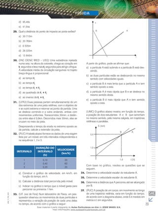 d) 85,46s 
e) 41,54s 
29. Qual a distância do ponto de impacto ao porta-aviões? 
a) 30 715m 
b) 20 769m 
c) 6 535m 
d) 28 325m 
e) 13 845m 
30. (FAC CIENC MED – UEG) Uma substância injetada 
numa veia, na altura do cotovelo, chega ao coração em 
t1 segundos e leva mais t2 segundos para atingir a língua. 
A velocidade média da circulação sanguínea no trajeto 
braço-língua é proporcional: 
a) ao tempo t1 
b) ao tempo t2 
c) ao tempo t1 + t2 
d) ao quadrado de t1 + t2 
e) ao inverso de t1 + t2 
31. (UFRJ) Duas pessoas partem simultaneamente de um 
dos extremos de uma pista retilínea, com o objetivo de 
ir ao outro extremo e retornar ao ponto de partida. Uma 
se desloca correndo e a outra andando, ambas com 
movimentos uniformes. Transcorridos 30min, a distân-cia 
entre elas é 5,0km. Decorridos mais 30min, elas se 
cruzam no meio da pista. 
Desprezando o tempo da virada no extremo oposto ao 
da partida, calcule a extensão da pista. 
32. (PUC) A tabela abaixo fornece os dados de uma viagem 
feita por um móvel, em três intervalos independentes e 
na sequência 1, 2 e 3. 
INTERVALO 
DURAÇÃO DO 
INTERVALO 
(h) 
VELOCIDADE 
(km/h) 
1 
2 
3 
0,10 
0,40 
0,20 
20 
60 
20 
a) Construir o gráfico da velocidade, em km/h, em 
função do tempo, em h. 
b) Calcular a distância total percorrida pelo móvel. 
c) Indicar no gráfico o tempo que o móvel gasta para 
percorrer os primeiros 11km. 
33. (UF. Juiz de Fora) Num laboratório de Física, um pes-quisador 
002 
FIS_observou os movimentos de duas partículas e 
V_EM_representou a variação da posição de cada uma delas 
no tempo, de acordo com o gráfico a seguir: 
23 A partir do gráfico, pode-se afirmar que: 
a) a partícula A está subindo e a partícula B está des-cendo. 
b) as duas partículas estão se deslocando no mesmo 
sentido com velocidades iguais. 
c) a partícula B é mais lenta que a partícula A e tem 
sentido oposto a esta. 
d) a partícula A é mais rápida que B e se desloca no 
mesmo sentido desta. 
e) a partícula B é mais rápida que A e tem sentido 
oposto a esta. 
(UMC) O gráfico abaixo mostra, em função do tempo, 
a posição de dois estudantes A e B que caminham 
no mesmo sentido, pela mesma calçada, em trajetórias 
retilíneas e paralelas. 
Com base no gráfico, resolva as questões que se 
seguem. 
34. Determine a velocidade escalar do estudante A. 
35. Determine a velocidade escalar do estudante B. 
36. Determine a distância que A percorreu até ser alcançado 
por B. 
37. (PUC) A posição de um corpo, em movimento ao longo 
de uma trajetória retilínea, varia em função do tempo, 
de acordo com o diagrama abaixo, onde S é medido em 
metros e t em segundos. 
Esse material é parte integrante do Aulas Particulares on-line do IESDE BRASIL S/A, 
mais informações www.aulasparticularesiesde.com.br 
 