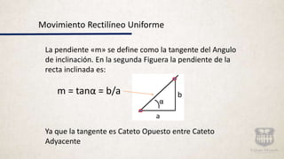 Movimiento Rectilíneo Uniforme
La pendiente «m» se define como la tangente del Angulo
de inclinación. En la segunda Figuera la pendiente de la
recta inclinada es:
m = tanα = b/a
Ya que la tangente es Cateto Opuesto entre Cateto
Adyacente
α
a
b
 