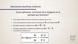 Movimiento Rectilíneo Uniforme
Como aplicamos la formula de la tangente en el
ejemplo que tenemos?
• De la segunda figura tomamos dos puntos cualquiera de la recta
• A las coordenadas del tiempo menor le corresponde ti y al tiempo final tf
• El cateto opuesto se obtiene con Δx = Xf – Xi
• El cateto adyacente se obtiene se obtiene con Δt = tf – ti
• La pendiente se obtiene con:
Δx
Δx
=m=tan α =
Xf - Xi
tf - ti
 