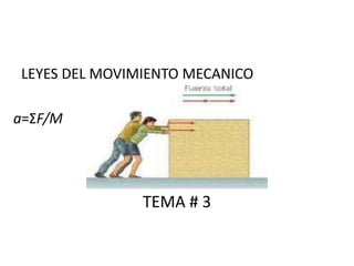 LEYES DEL MOVIMIENTO MECANICO
∑F = m ⋅ a
TEMA # 3
a=ΣF/M
 