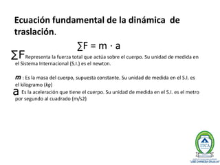 Ecuación fundamental de la dinámica de
traslación.
∑F = m ⋅ a
Representa la fuerza total que actúa sobre el cuerpo. Su uni...