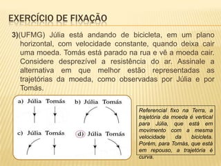 3)(UFMG) Júlia está andando de bicicleta, em um plano
horizontal, com velocidade constante, quando deixa cair
uma moeda. Tomás está parado na rua e vê a moeda cair.
Considere desprezível a resistência do ar. Assinale a
alternativa em que melhor estão representadas as
trajetórias da moeda, como observadas por Júlia e por
Tomás.
Referencial fixo na Terra, a
trajetória da moeda é vertical
para Júlia, que está em
movimento com a mesma
velocidade da bicicleta.
Porém, para Tomás, que está
em repouso, a trajetória é
curva.
EXERCÍCIO DE FIXAÇÃO
 