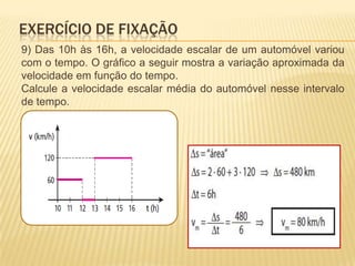 9) Das 10h às 16h, a velocidade escalar de um automóvel variou
com o tempo. O gráfico a seguir mostra a variação aproximada da
velocidade em função do tempo.
Calcule a velocidade escalar média do automóvel nesse intervalo
de tempo.
EXERCÍCIO DE FIXAÇÃO
 
