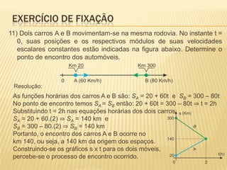 11) Dois carros A e B movimentam-se na mesma rodovia. No instante t =
0, suas posições e os respectivos módulos de suas velocidades
escalares constantes estão indicadas na figura abaixo. Determine o
ponto de encontro dos automóveis.
As funções horárias dos carros A e B são: SA = 20 + 60t e SB = 300 – 80t
No ponto de encontro temos SA = SB então: 20 + 60t = 300 – 80t ⇒ t = 2h
Substituindo t = 2h nas equações horárias dos dois carros:
SA = 20 + 60.(2) ⇒ SA = 140 km e
SB = 300 – 80.(2) ⇒ SB = 140 km
Portanto, o encontro dos carros A e B ocorre no
km 140, ou seja, a 140 km da origem dos espaços.
Construindo-se os gráficos s x t para os dois móveis,
percebe-se o processo de encontro ocorrido.
EXERCÍCIO DE FIXAÇÃO
Resolução:
 