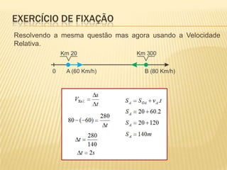 Resolvendo a mesma questão mas agora usando a Velocidade
Relativa.
EXERCÍCIO DE FIXAÇÃO
 