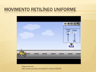 MOVIMENTO RETILÍNEO UNIFORME
Disponível em:
http://www.youtube.com/watch?v=sKyJzYiDAYE
 