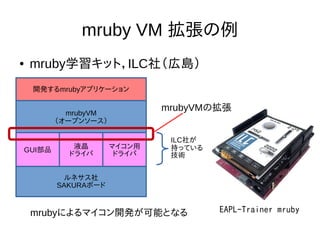 mruby VM 拡張の例 
● mruby学習キット，ILC社（広島） 
EAPL-Trainer mruby 
開発するmrubyアプリケーション 
mrubyVM 
（オープンソース） 
GUI部品液晶 
ドライバ 
マイコン用 
ドライバ 
ルネサス社 
SAKURAボード 
mrubyVMの拡張 
ILC社が 
持っている 
技術 
mrubyによるマイコン開発が可能となる 
 