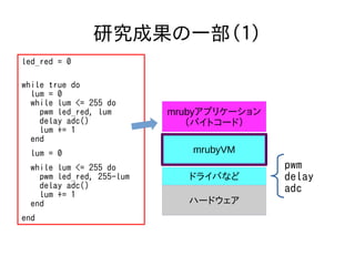 研究成果の一部（１） 
led_red = 0 
while true do 
lum = 0 
while lum <= 255 do 
pwm led_red, lum 
delay adc() 
lum += 1 
end 
lum = 0 
while lum <= 255 do 
pwm led_red, 255-lum 
delay adc() 
lum += 1 
end 
end 
mrubyアプリケーション 
（バイトコード） 
mrubyVM 
ドライバなど 
ハードウェア 
pwm 
delay 
adc 
 
