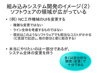 組み込みシステム開発のイメージ（２） 
ソフトウェアの領域が広がっている 
● （例） NC工作機械のUIを変更する 
– 複雑な変更ではない 
– ライン全体を考慮するものではない 
– 現状はこのようなソフトウェアでも相当なコストがかかる 
（C言語で記述し，他の部分と密に結合する） 
● 本当にやりたいのは一部分であるが， 
システム全体の変更を伴う 
多くは部分的な 
開発（変更）で 
十分である 
 