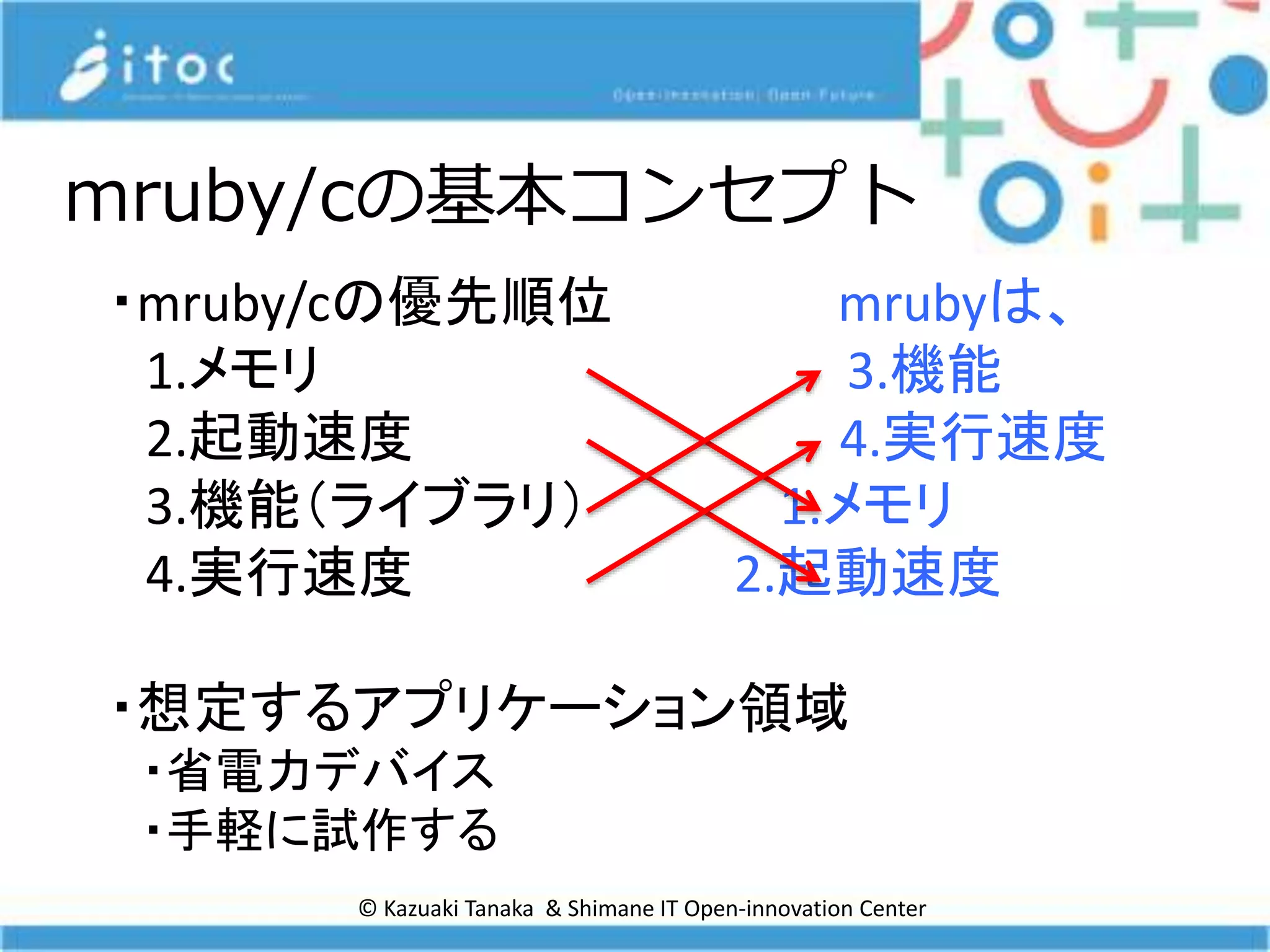 © Kazuaki Tanaka & Shimane IT Open-innovation Center
mruby/cの基本コンセプト
・mruby/cの優先順位 mrubyは、
1.メモリ 3.機能
2.起動速度 4.実行速度
3.機能（ライブラリ） 1.メモリ
4.実行速度 2.起動速度
・想定するアプリケーション領域
・省電力デバイス
・手軽に試作する
 
