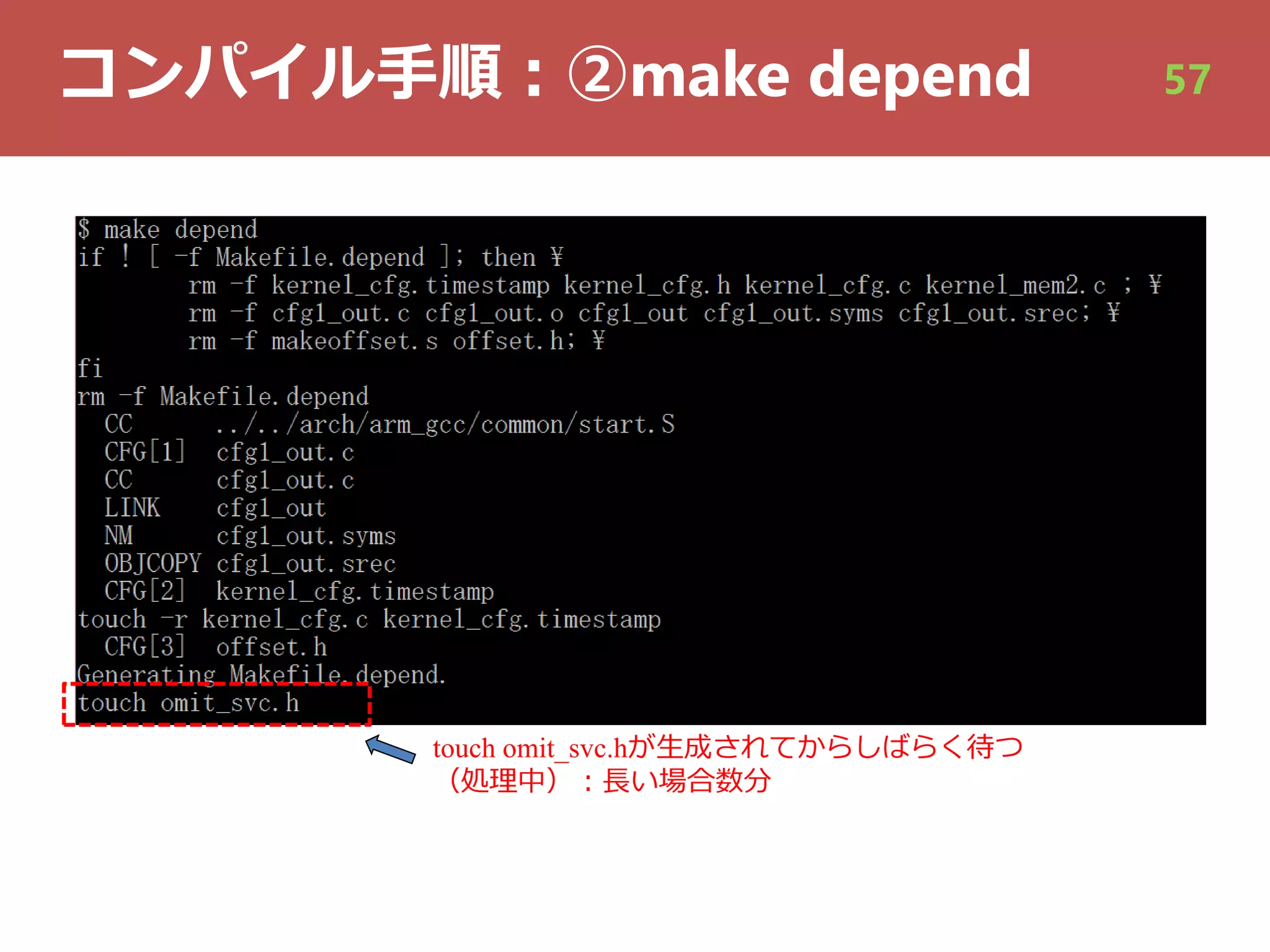 コンパイル⼿順︓②make depend
touch omit_svc.hが⽣成されてからしばらく待つ
（処理中）︓⻑い場合数分
57
 