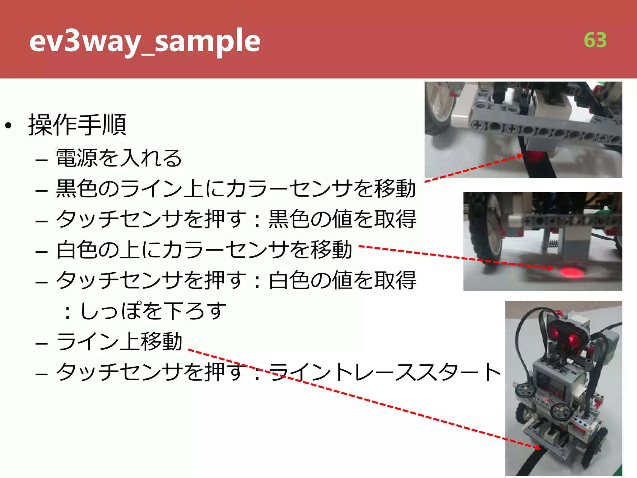 ev3way_sample
• 操作⼿順
– 電源を⼊れる
– ⿊⾊のライン上にカラーセンサを移動
– タッチセンサを押す︓⿊⾊の値を取得
– ⽩⾊の上にカラーセンサを移動
– タッチセンサを押す︓⽩⾊の値を取得
︓しっぽを下ろす
– ライン上移動
– タッチセンサを押す︓ライントレーススタート
63
 