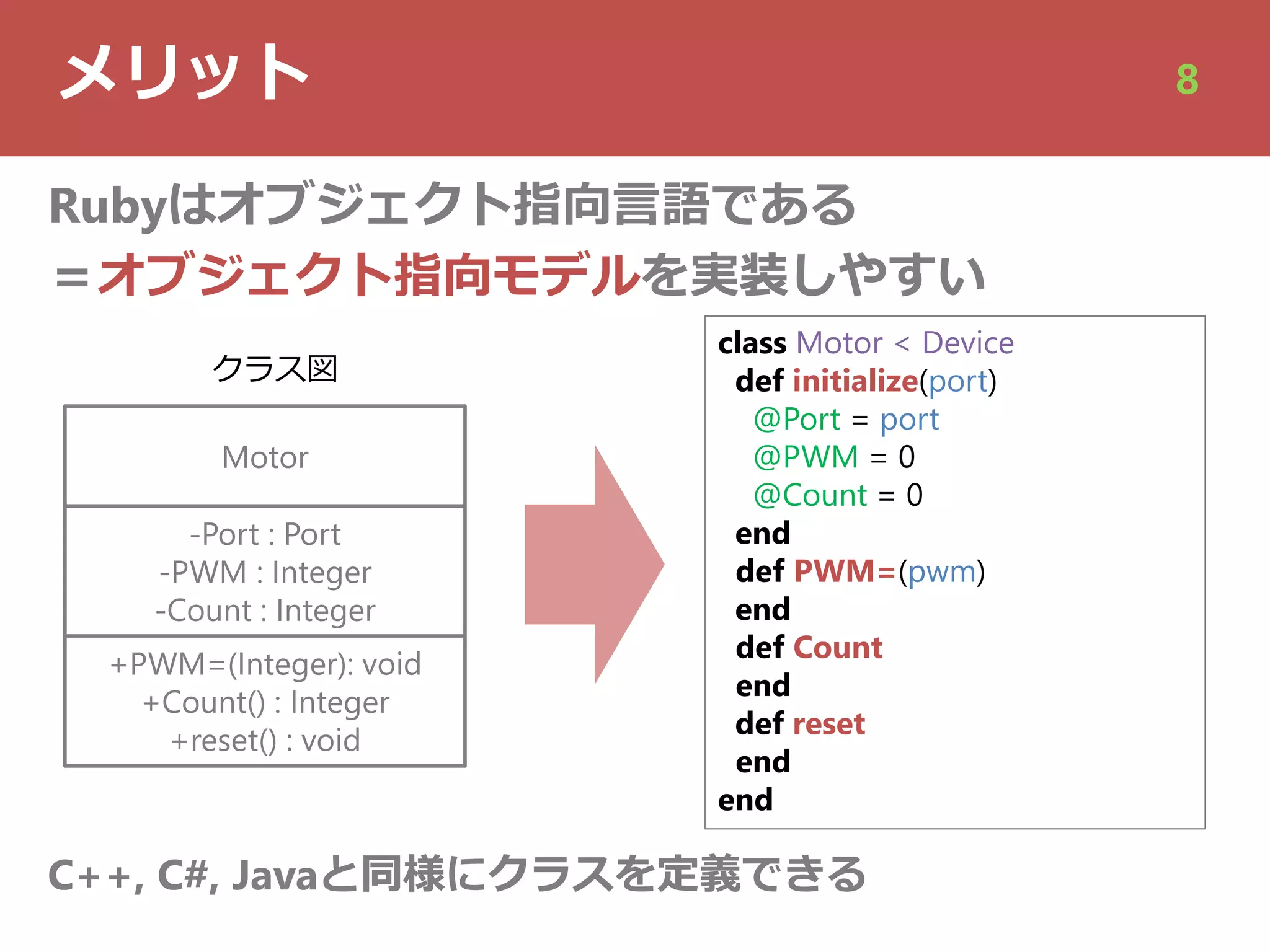 メリット 8
Rubyはオブジェクト指向⾔語である
＝オブジェクト指向モデルを実装しやすい
Motor
-Port : Port
-PWM : Integer
-Count : Integer
+PWM=(Integer): void
+Count() : Integer
+reset() : void
class Motor < Device
def initialize(port)
@Port = port
@PWM = 0
@Count = 0
end
def PWM=(pwm)
end
def Count
end
def reset
end
end
C++, C#, Javaと同様にクラスを定義できる
クラス図
 