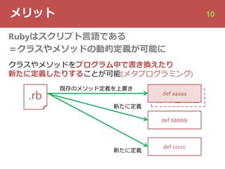 def aaaaa
(ソース上に存在)
メリット 10
Rubyはスクリプト⾔語である
＝クラスやメソッドの動的定義が可能に
def bbbbb
def ccccc
.rb def aaaaa
既存のメソッド定義を上書き
新たに定義
新たに定義
クラスやメソッドをプログラム中で書き換えたり
新たに定義したりすることが可能(メタプログラミング)
 