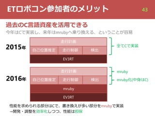 ETロボコン参加者のメリット 43
過去のC⾔語資産を活⽤できる
今年はCで実装し、来年はmrubyへ乗り換える、ということが容易
2015年
2016年
EV3RT
⾃⼰位置推定 ⾛⾏制御 検出
⾛⾏計画
mruby
⾃⼰位置推定 ⾛⾏制御 検出
⾛⾏計画
EV3RT
全てCで実装
mruby化(中⾝はC)
mruby
性能を求められる部分はCで、書き換えが多い部分をmrubyで実装
→開発・調整を効率化しつつ、性能は担保
 