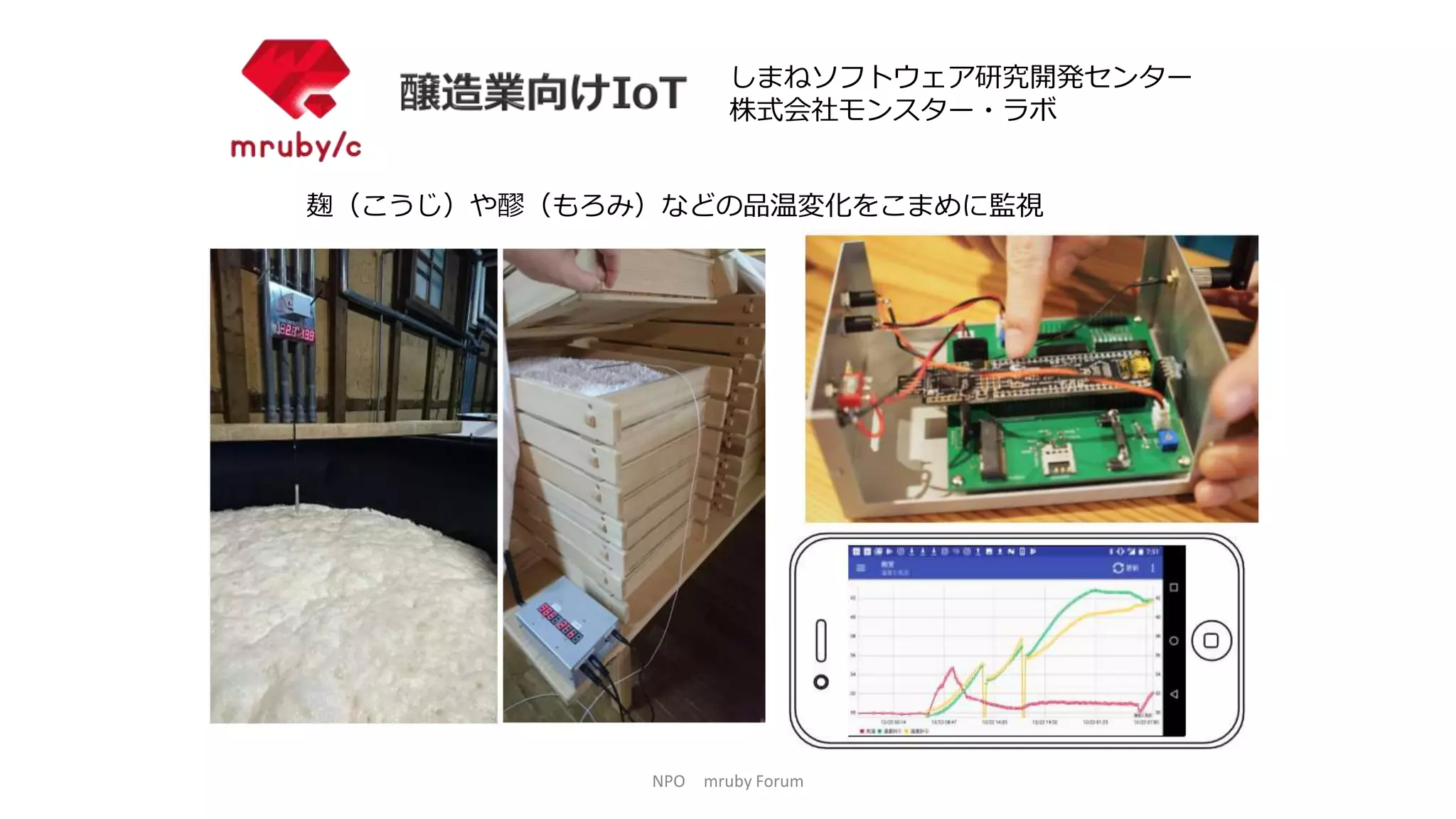 NPO mruby Forum
麹（こうじ）や醪（もろみ）などの品温変化をこまめに監視
しまねソフトウェア研究開発センター
株式会社モンスター・ラボ
 